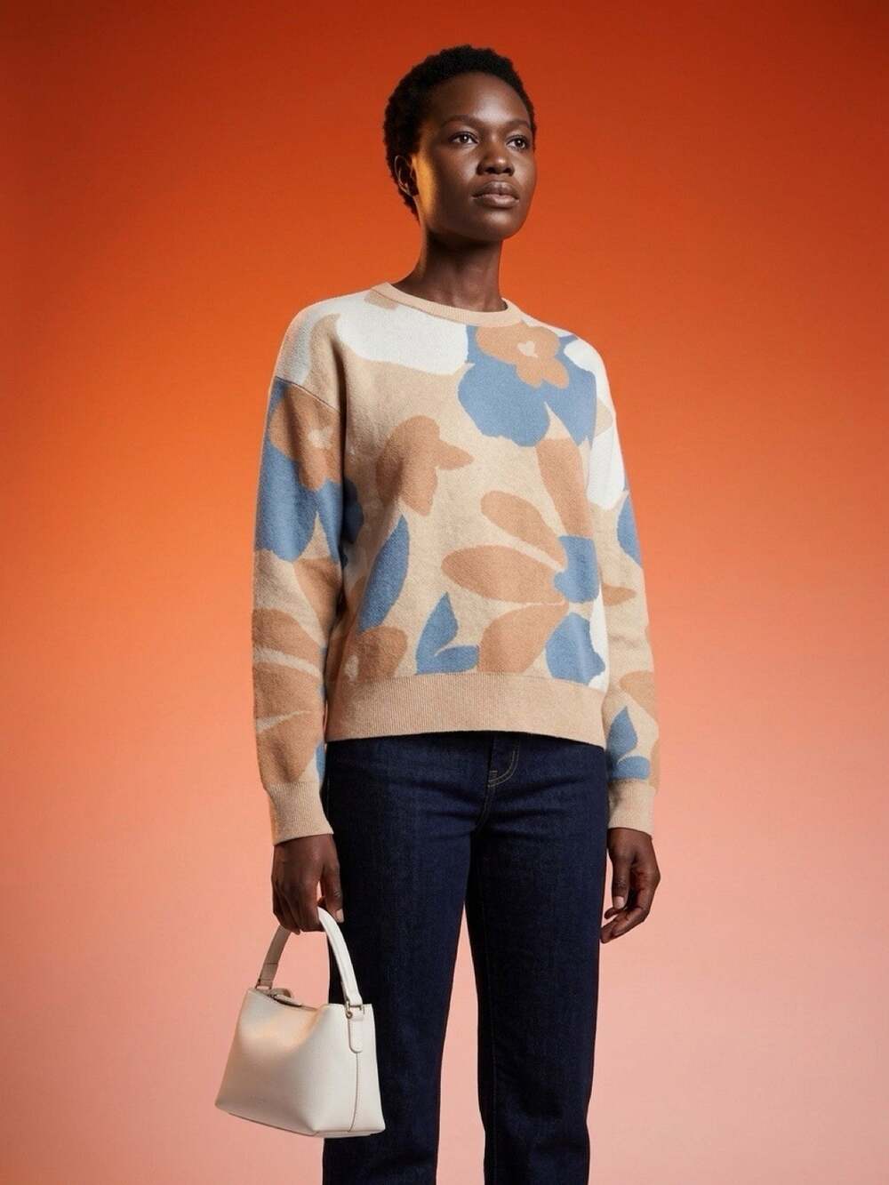 Cynthia Rowley Jumper Women S Ivory Blue Floral Knit Pullover Sweater Longsleeve